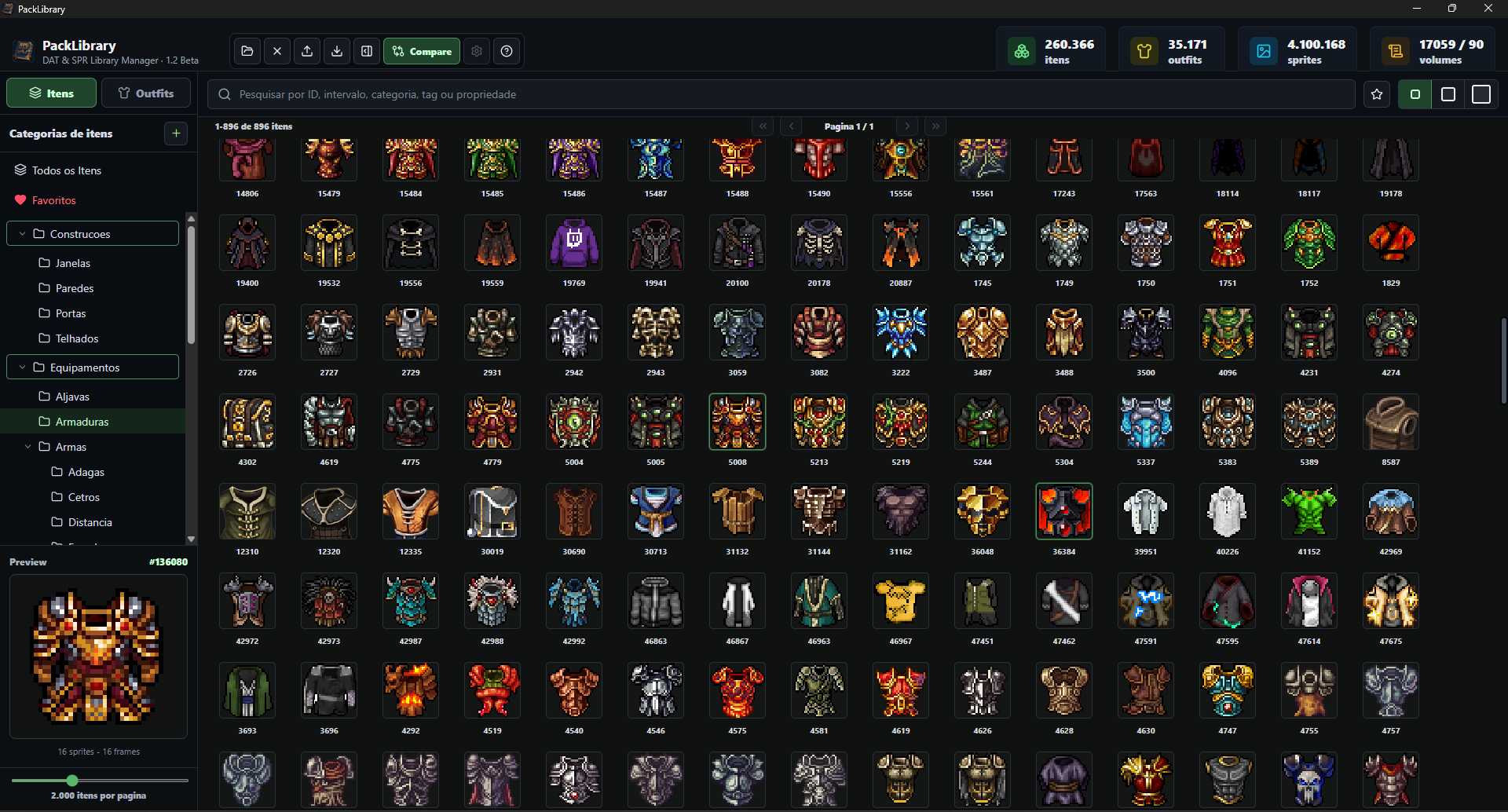 Categorias de itens no PackLibrary