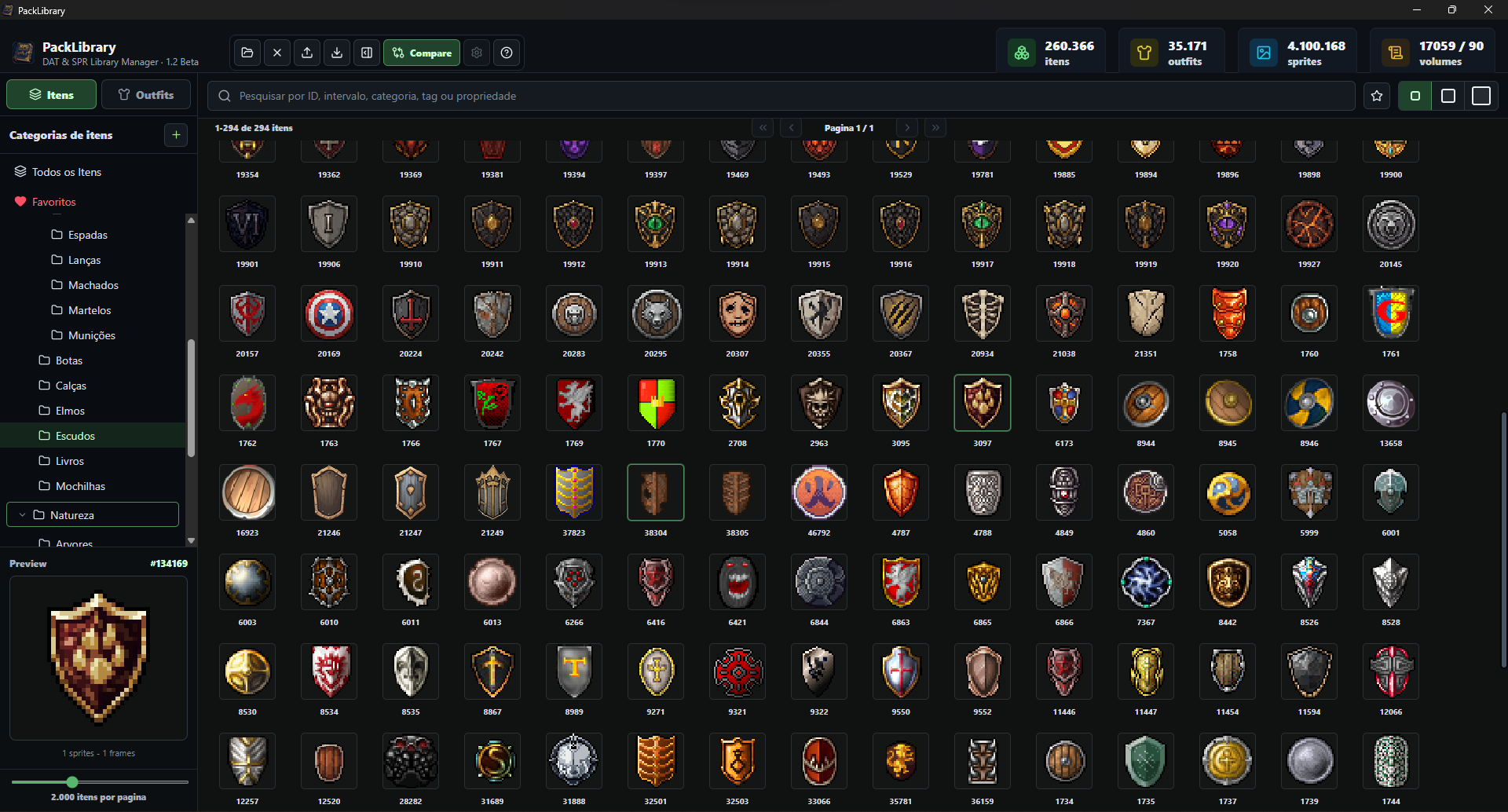 Grade de categorias do PackLibrary