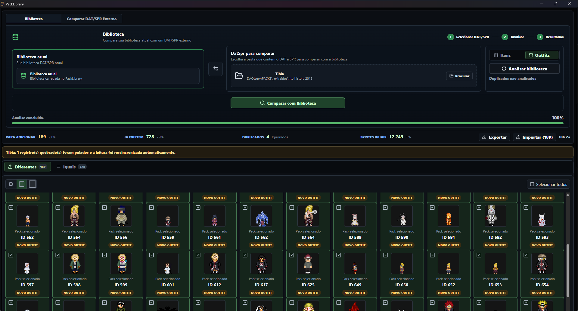 Importação de outfits de outra SPR no PackLibrary
